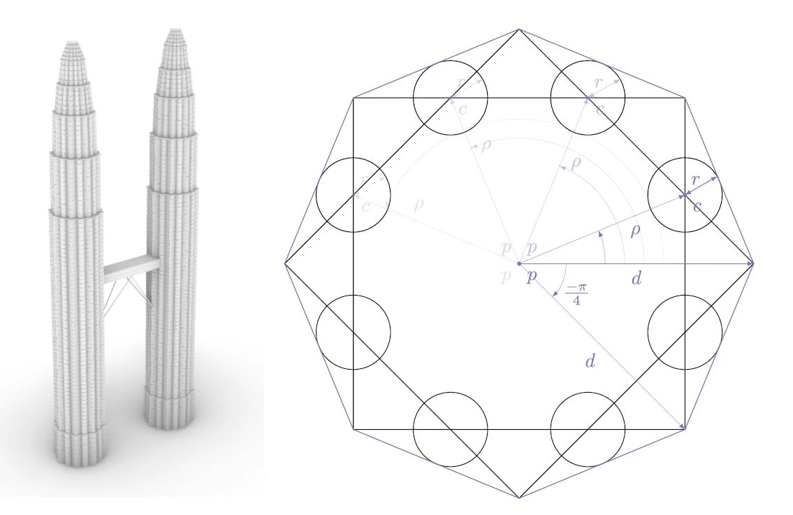 A 3d model of the Petronas Tower and a 2d geometric illustration of their plan